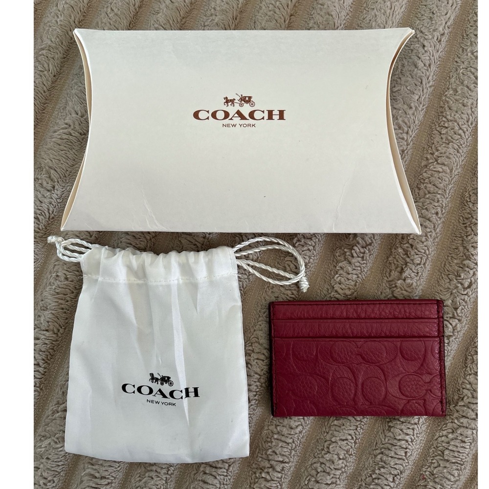 Coach Signature Debossed Leather Card Case Wallet Pink with Box and Dust Bag